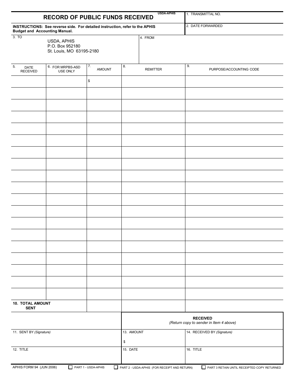APHIS Form 94 Record of Public Funds Received, Page 1