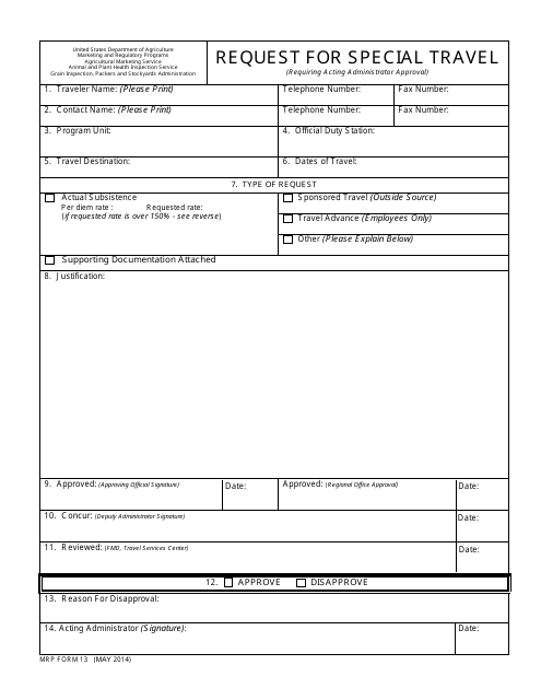 MRP Form 13 Request for Special Travel