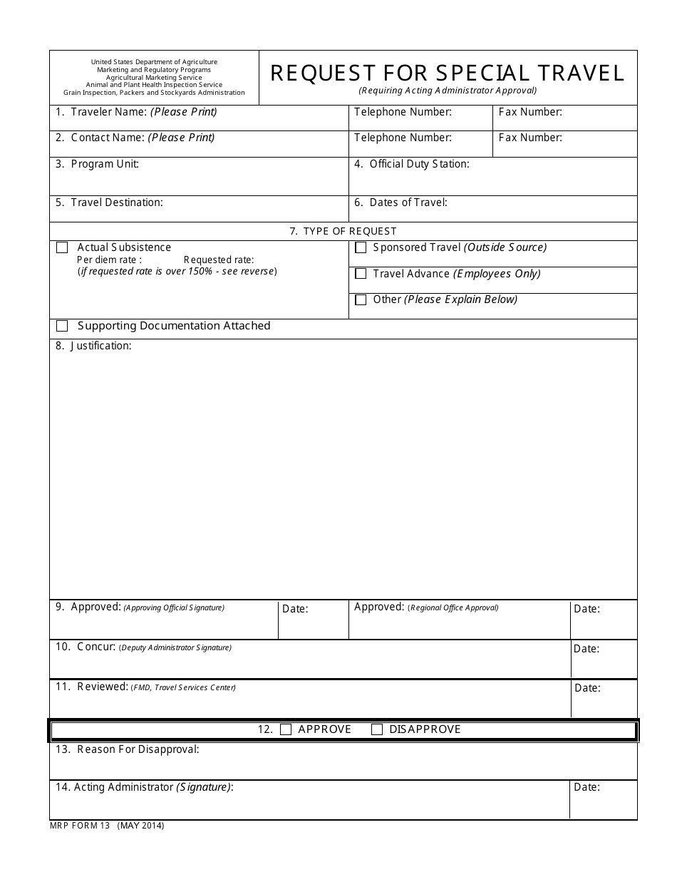 MRP Form 13 Request for Special Travel, Page 1
