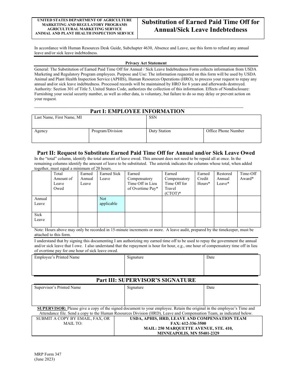 MRP Form 347 Substitution of Earned Paid Time off for Annual / Sick Leave Indebtedness, Page 1