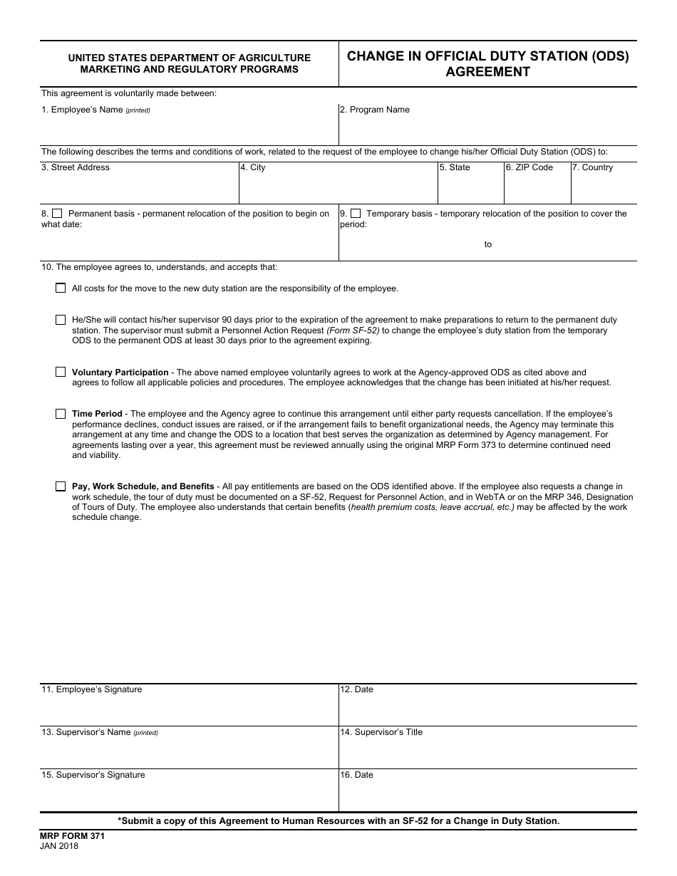 MRP Form 371 Change in Official Duty Station (Ods) Agreement, Page 1