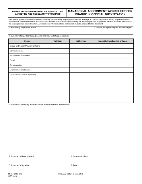 MRP Form 370 Managerial Assessment Worksheet for Change in Official Duty Station