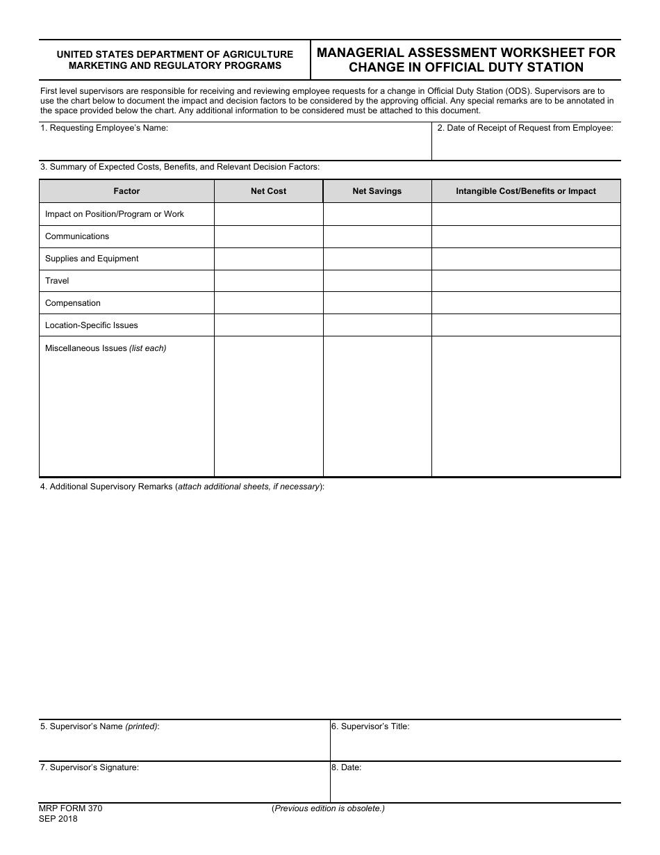 MRP Form 370 Managerial Assessment Worksheet for Change in Official Duty Station, Page 1