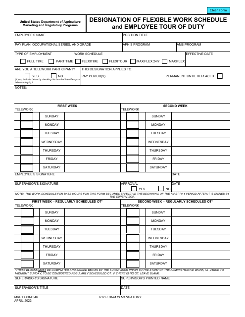 MRP Form 346 Designation of Flexible Work Schedule and Employee Tour of Duty