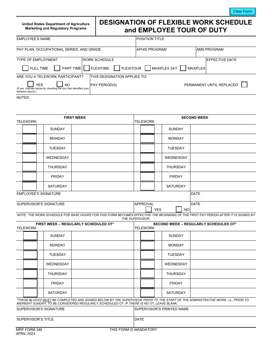 MRP Form 346 Designation of Flexible Work Schedule and Employee Tour of Duty, Page 1