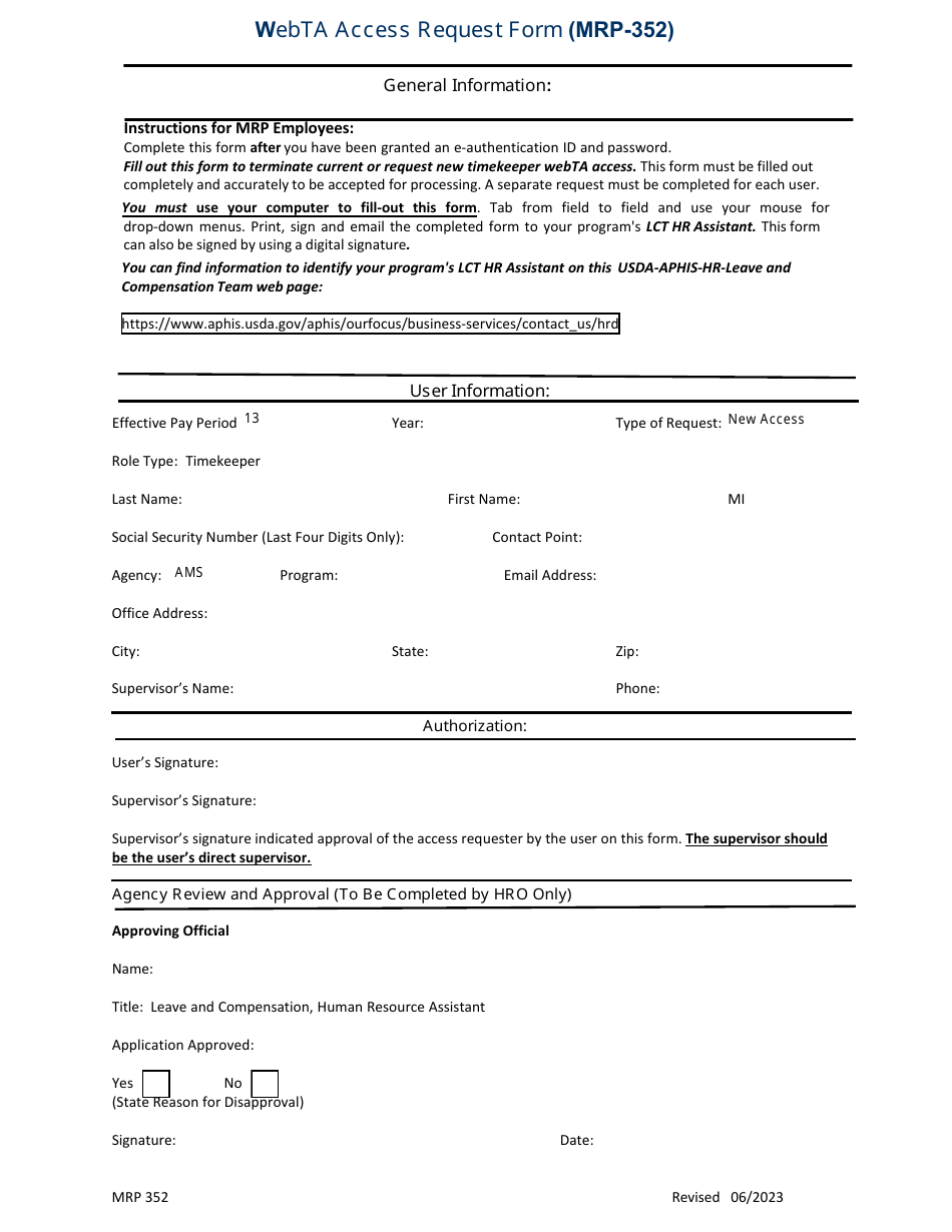 Form MRP352 Webta Access Request Form, Page 1