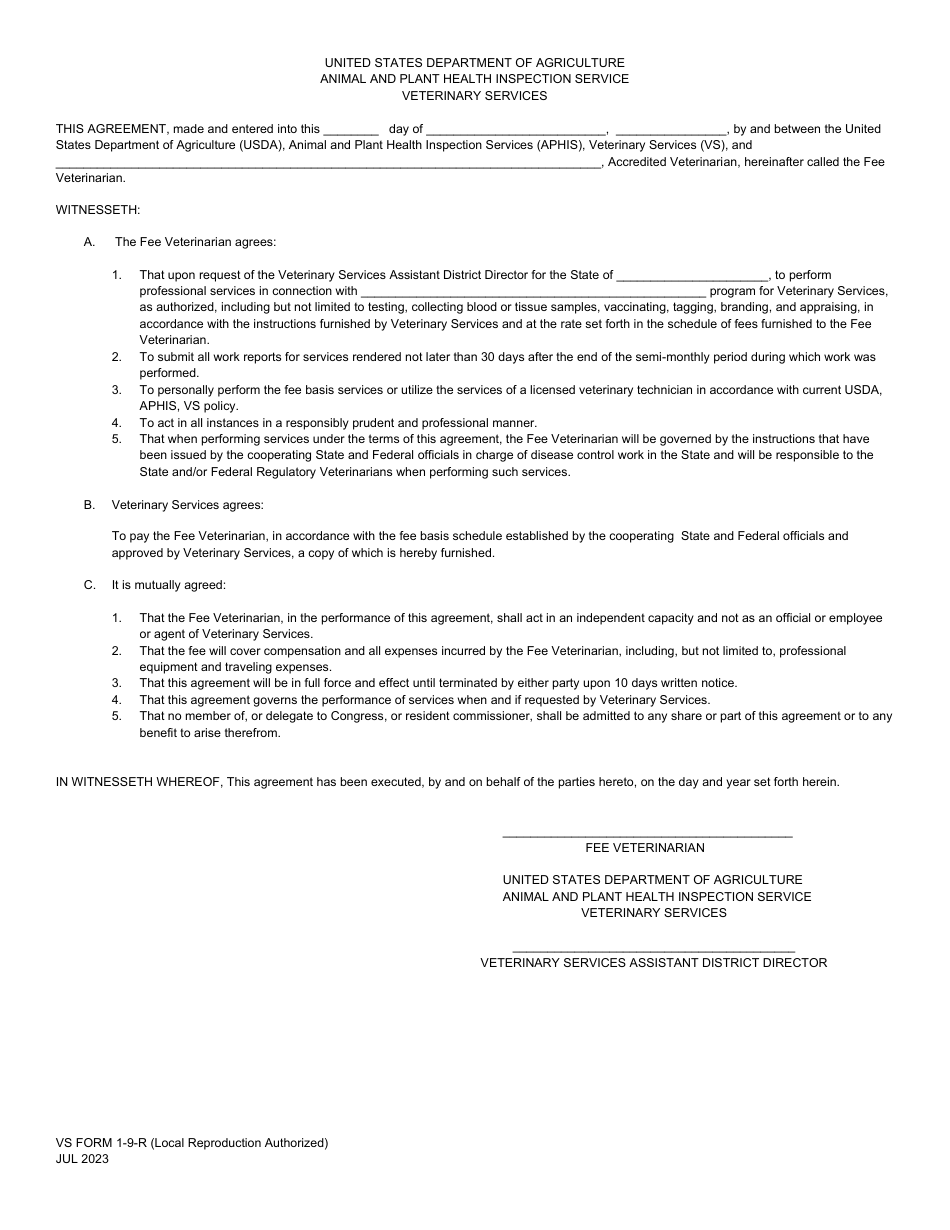 VS Form 1-9-R Fee Basis Agreement, Page 1