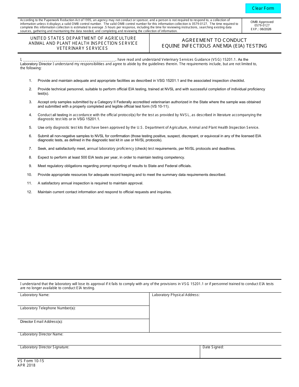 VS Form 10-15 Agreement to Conduct Equine Infectious Anemia (Eia) Testing, Page 1
