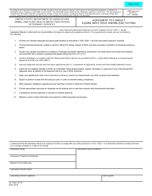 VS Form 10-15 Agreement to Conduct Equine Infectious Anemia (Eia) Testing