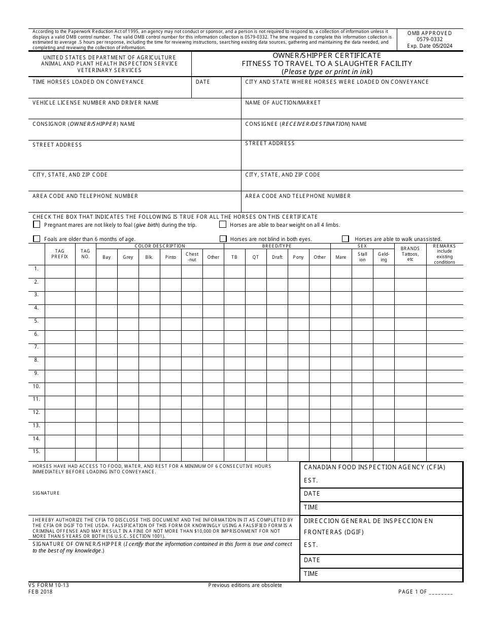 VS Form 10-13 Owner / Shipper Certificate Fitness to Travel to a Slaughter Facility, Page 1