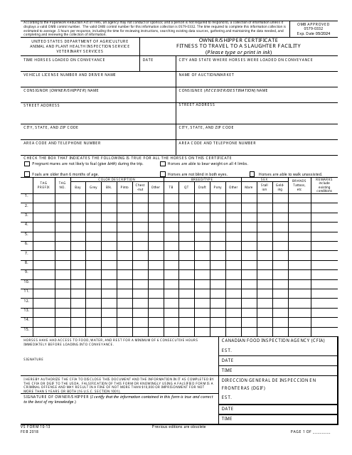 VS Form 10-13 Owner/Shipper Certificate Fitness to Travel to a Slaughter Facility