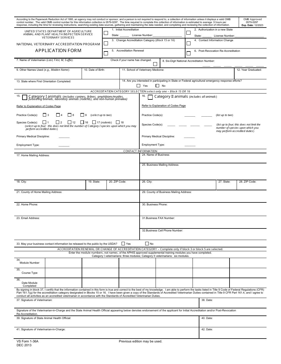 VS Form 1-36A National Veterinary Accreditation Program Application Form, Page 1