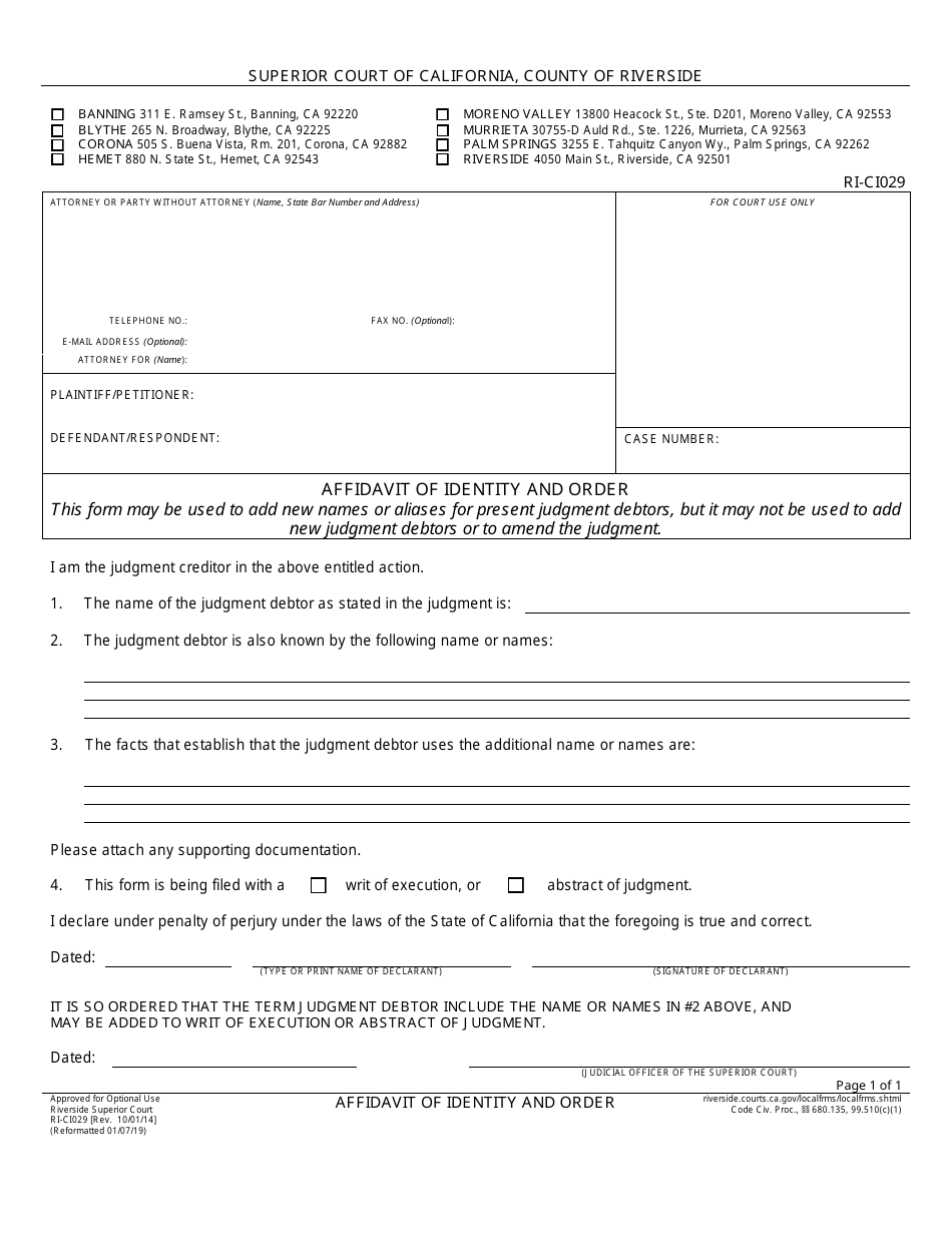 Form RI-CI029 Affidavit of Identity and Order - County of Riverside, California, Page 1