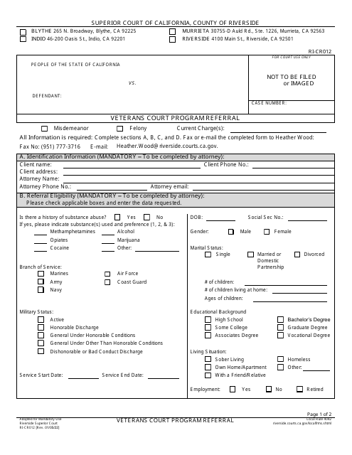 Form RI-CR012 Veterans Court Program Referral - County of Riverside, California