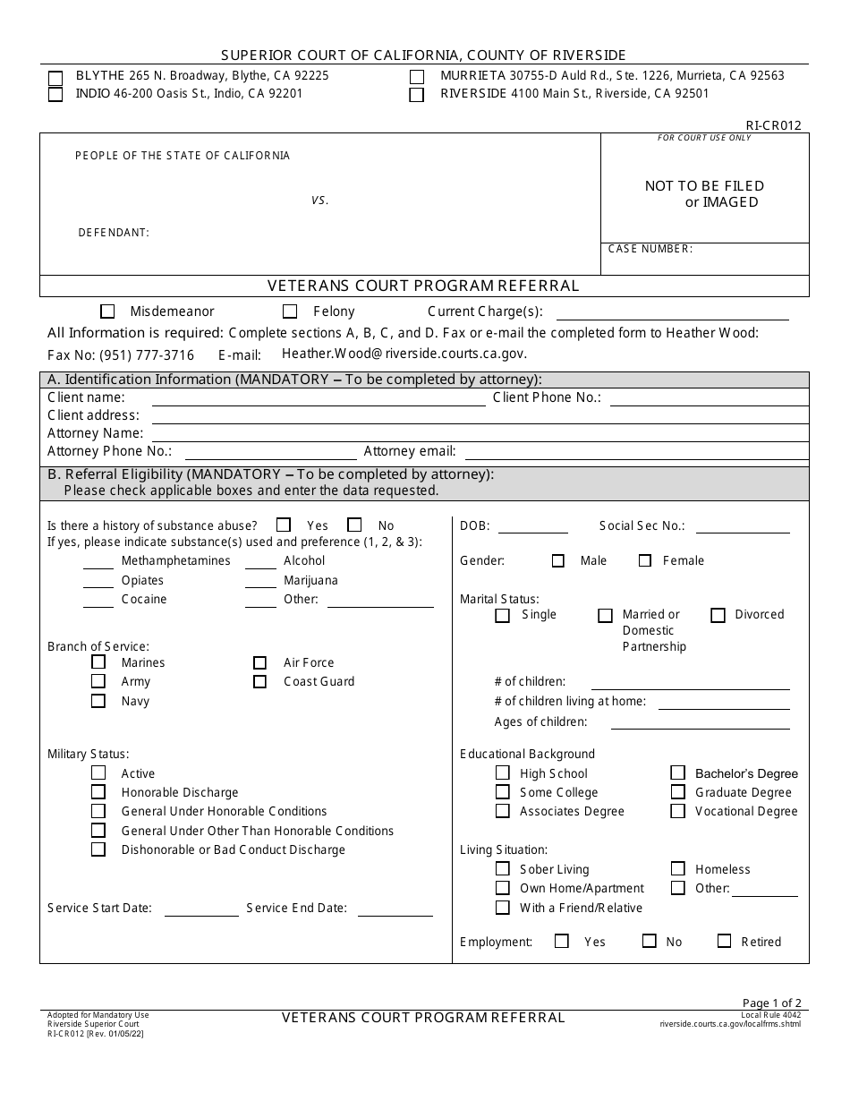 Form RI-CR012 Veterans Court Program Referral - County of Riverside, California, Page 1