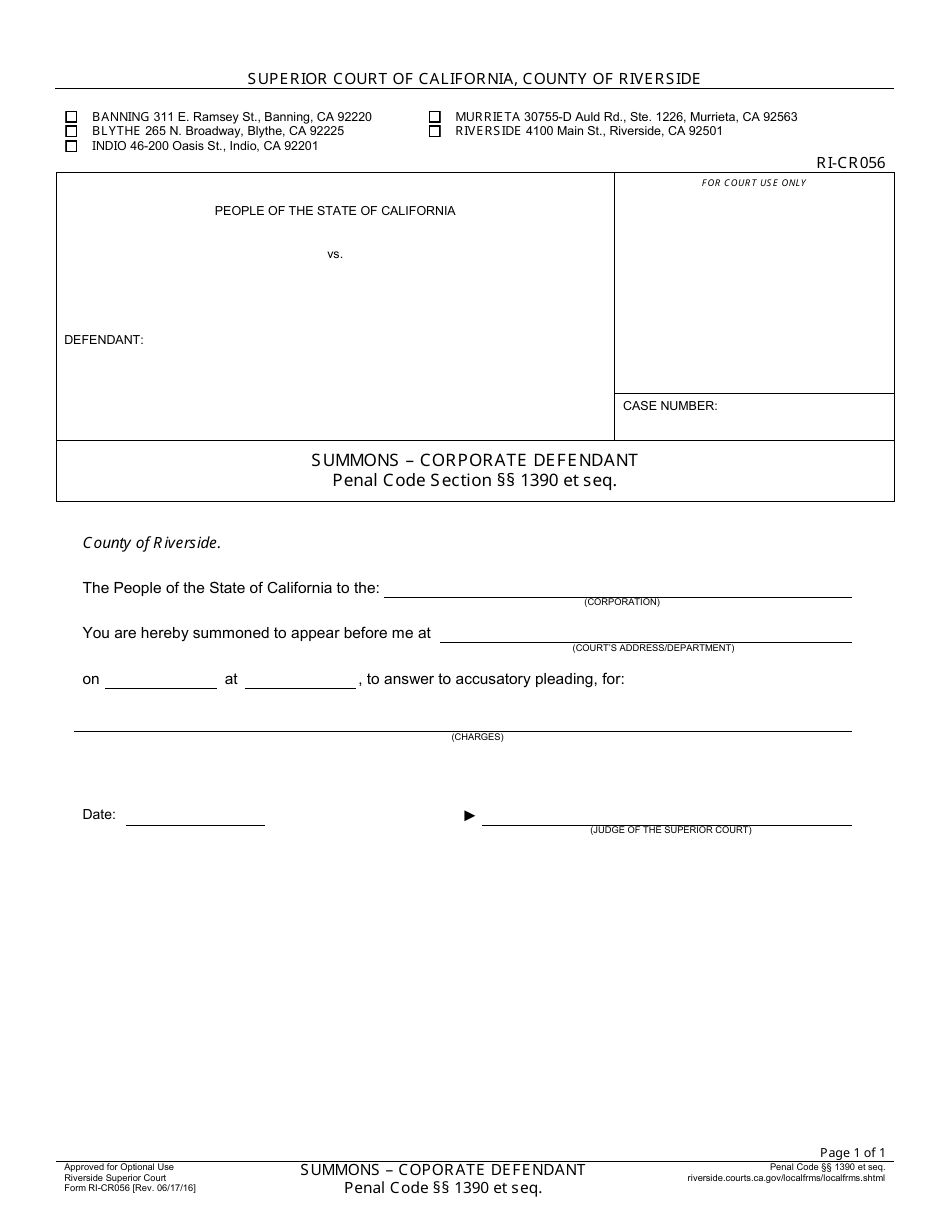 Form RI-CR056 Summons - Corporate Defendant - County of Riverside, California, Page 1