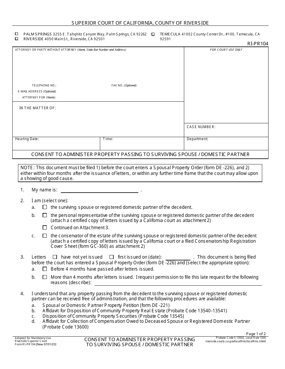 Form RI-PR104 Consent to Administer Property Passing to Surviving Spouse / Domestic Partner - County of Riverside, California, Page 1