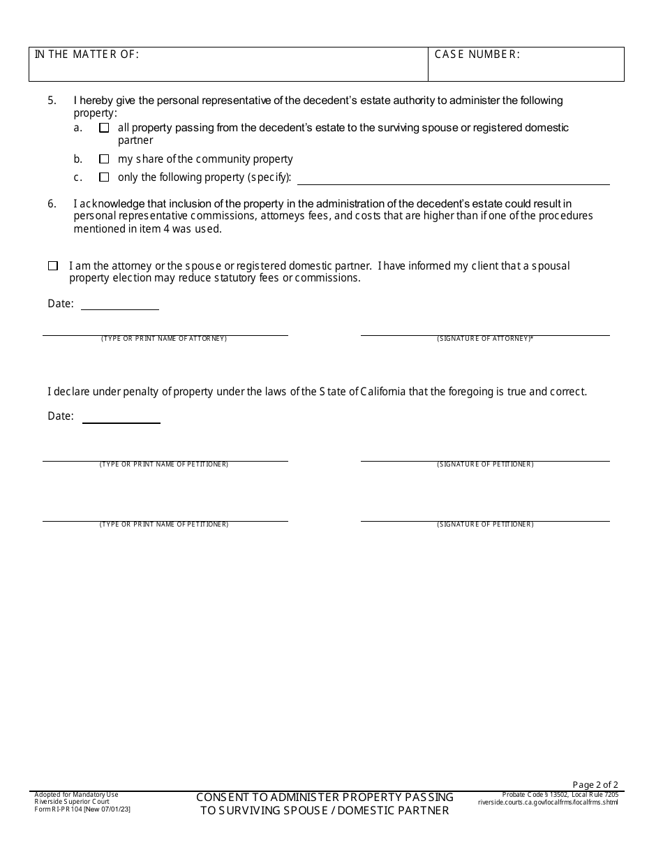 Form RI-PR104 Consent to Administer Property Passing to Surviving Spouse / Domestic Partner - County of Riverside, California, Page 2