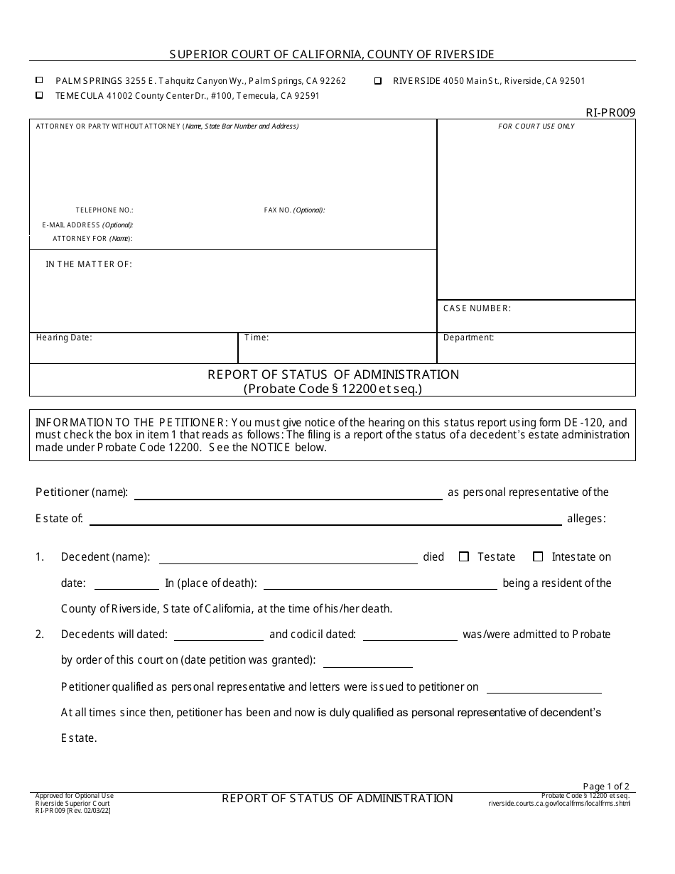 Form RI-PR009 Report of Status of Administration - County of Riverside, California, Page 1