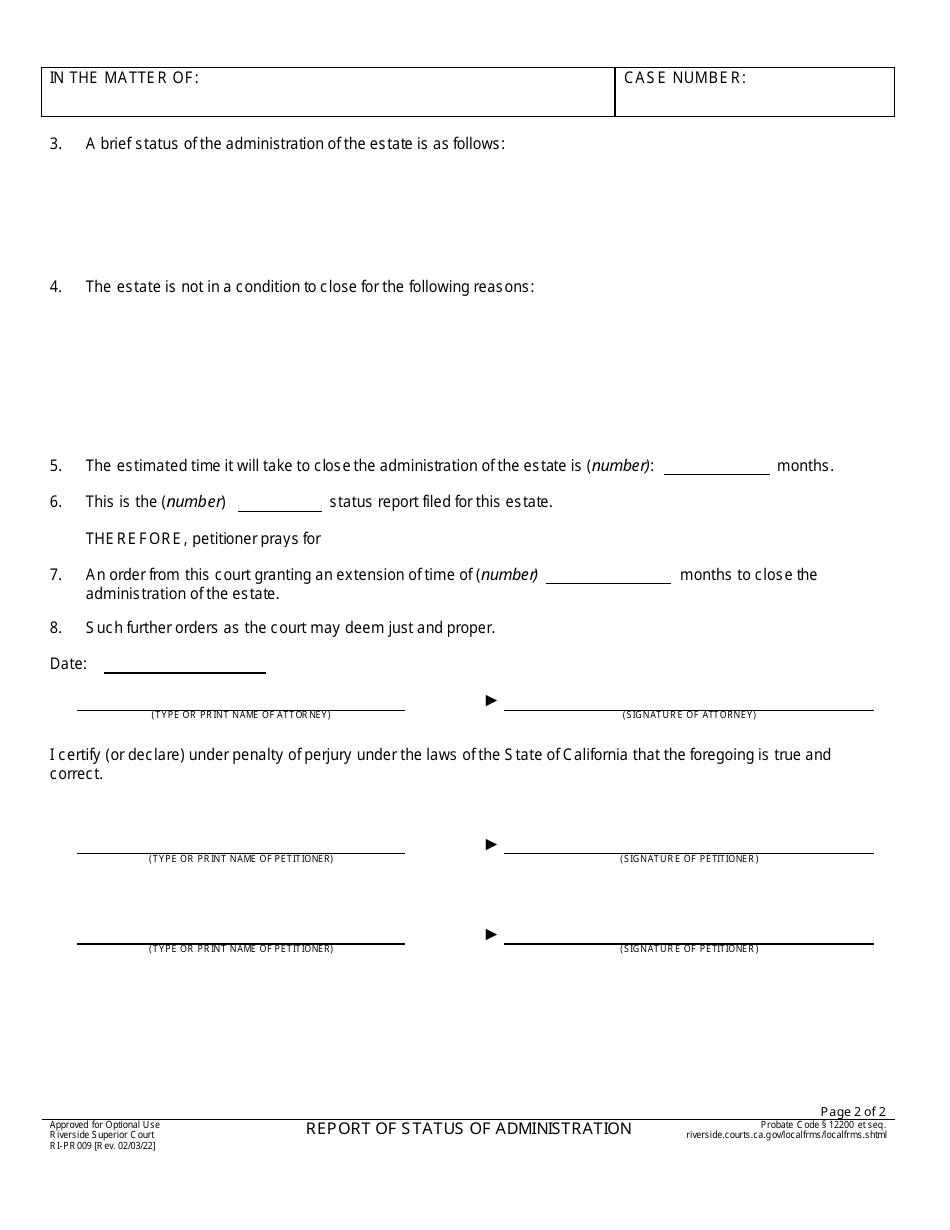 Form RI-PR009 Report of Status of Administration - County of Riverside, California, Page 2