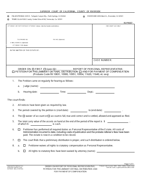 Form RI-PR007 Order on Report of Personal Representative; Petition for Preliminary or Final Distribution and for Payment of Compensation - County of Riverside, California