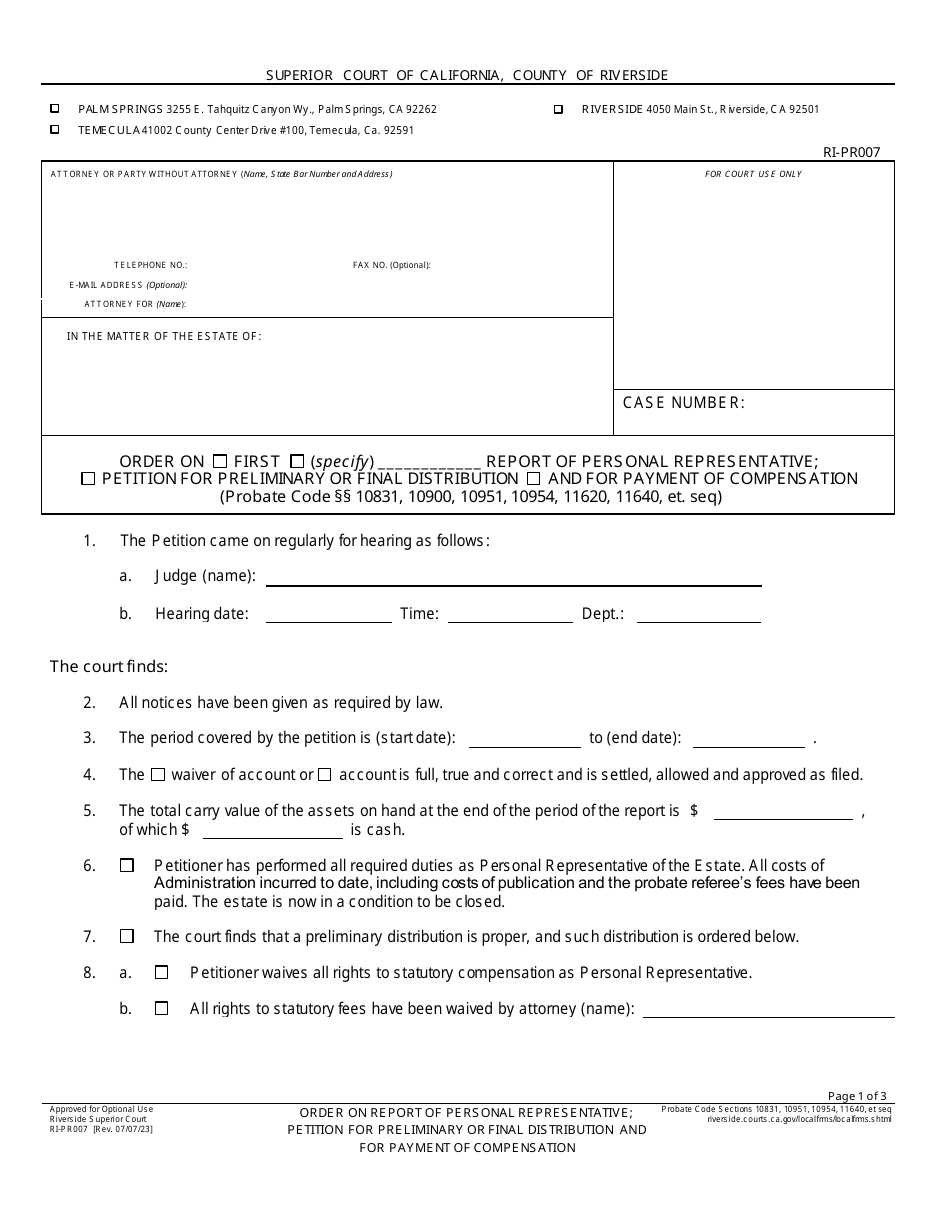 Form RI-PR007 Order on Report of Personal Representative; Petition for Preliminary or Final Distribution and for Payment of Compensation - County of Riverside, California, Page 1