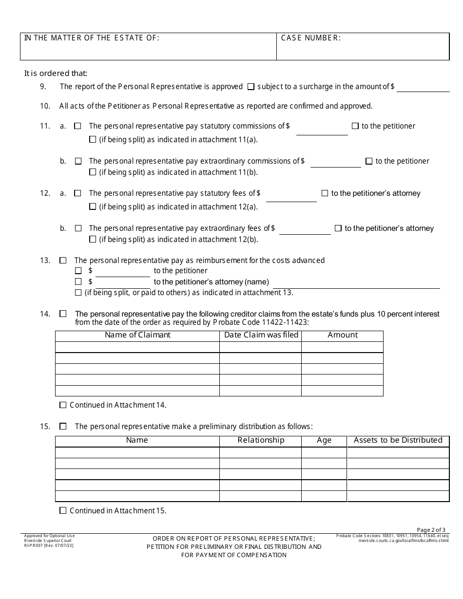 Form RI-PR007 Order on Report of Personal Representative; Petition for Preliminary or Final Distribution and for Payment of Compensation - County of Riverside, California, Page 2