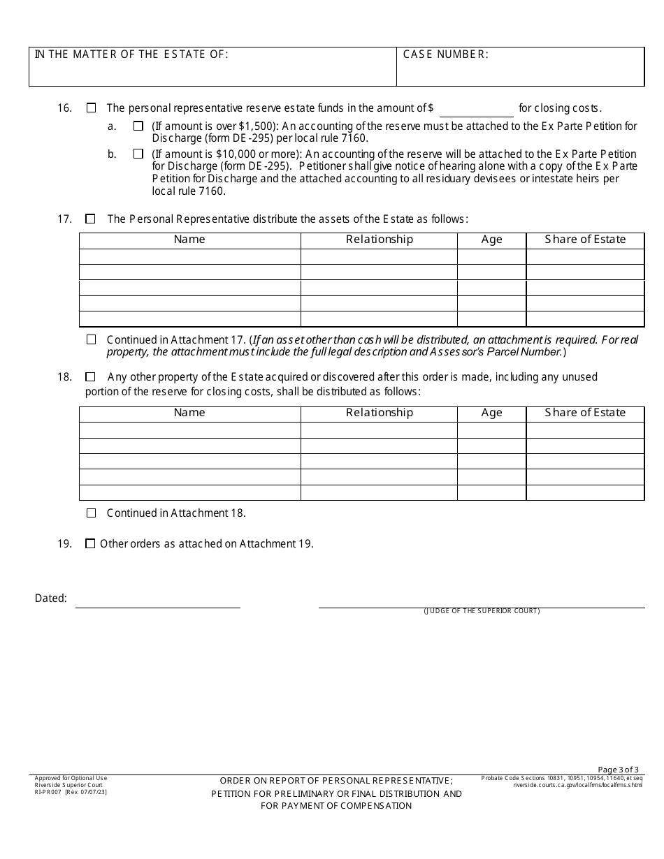 Form RI-PR007 Order on Report of Personal Representative; Petition for Preliminary or Final Distribution and for Payment of Compensation - County of Riverside, California, Page 3