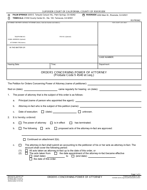 Form RI-PR042 Orders Concerning Power of Attorney - County of Riverside, California