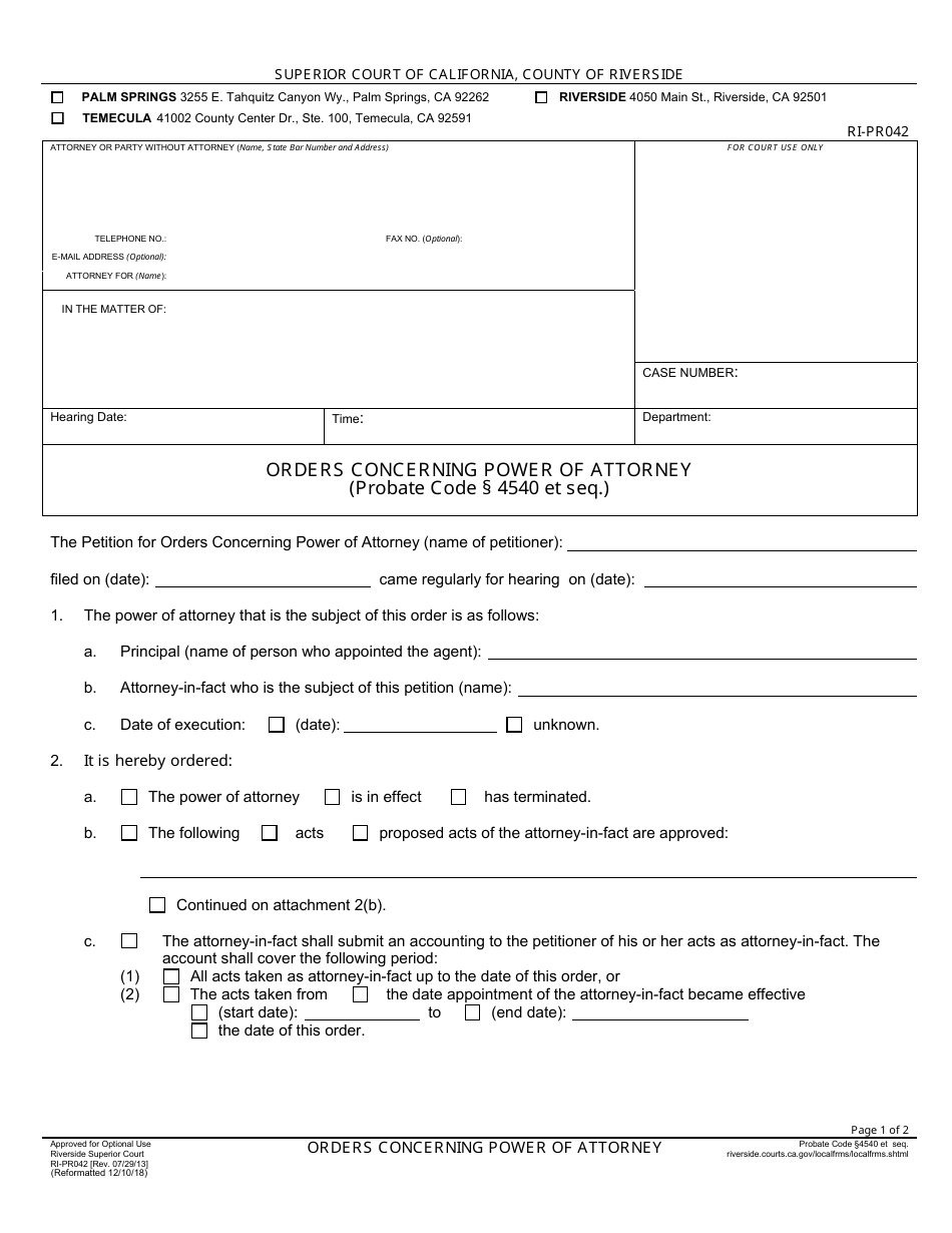 Form RI-PR042 Orders Concerning Power of Attorney - County of Riverside, California, Page 1