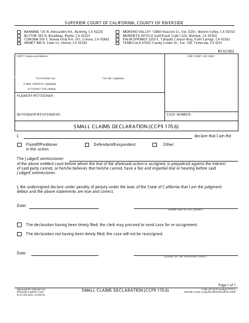 Form RI-SC002 Small Claims Declaration (Ccp 170.6) - County of Riverside, California