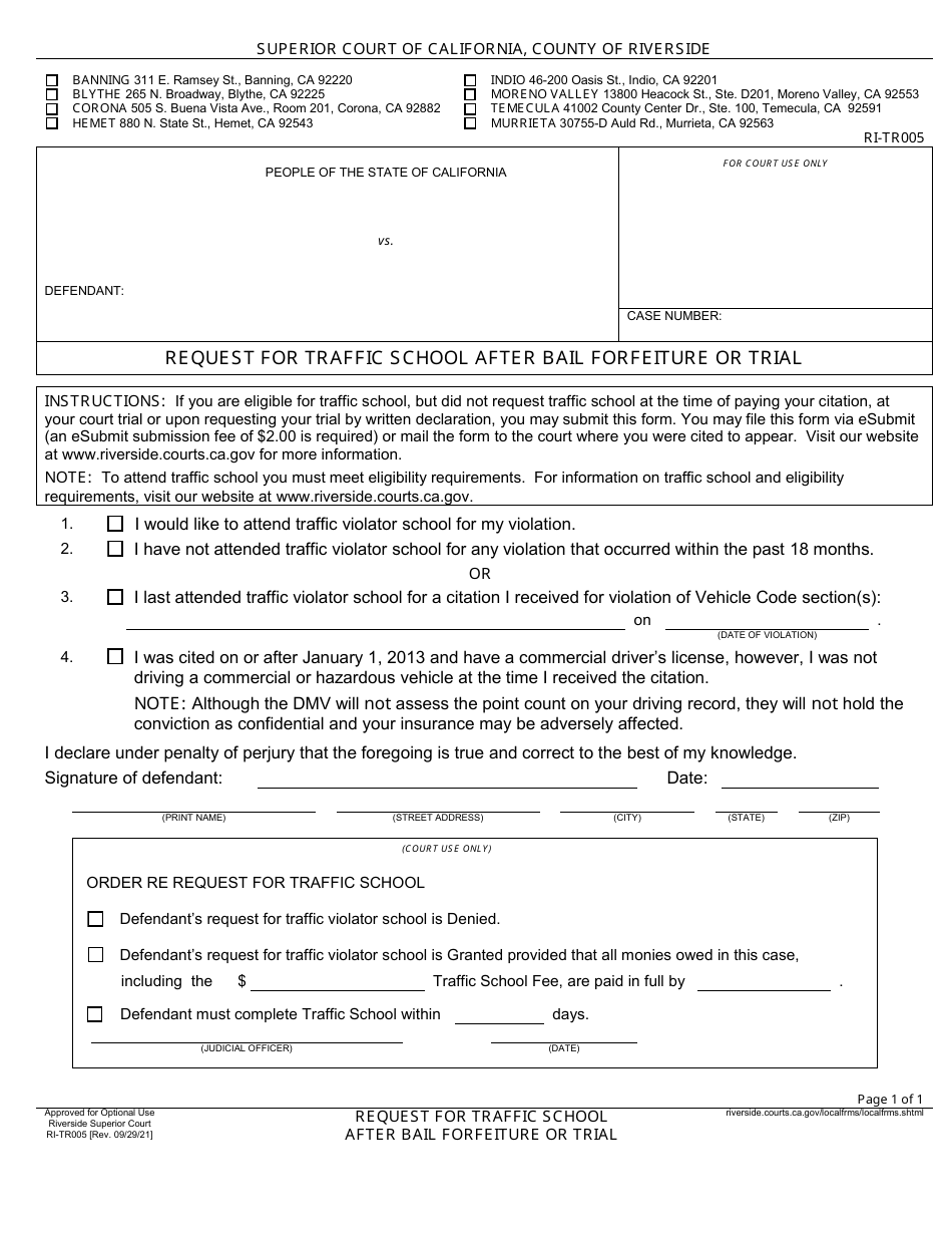 Form RI-TR005 Request for Traffic School After Bail Forfeiture or Trial - County of Riverside, California, Page 1