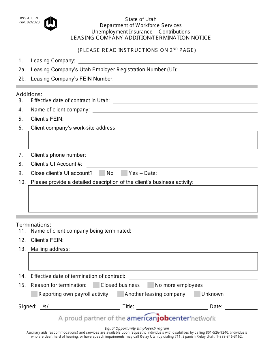 DWS-UI Form 2L Leasing Company Addition / Termination Notice - Utah, Page 1