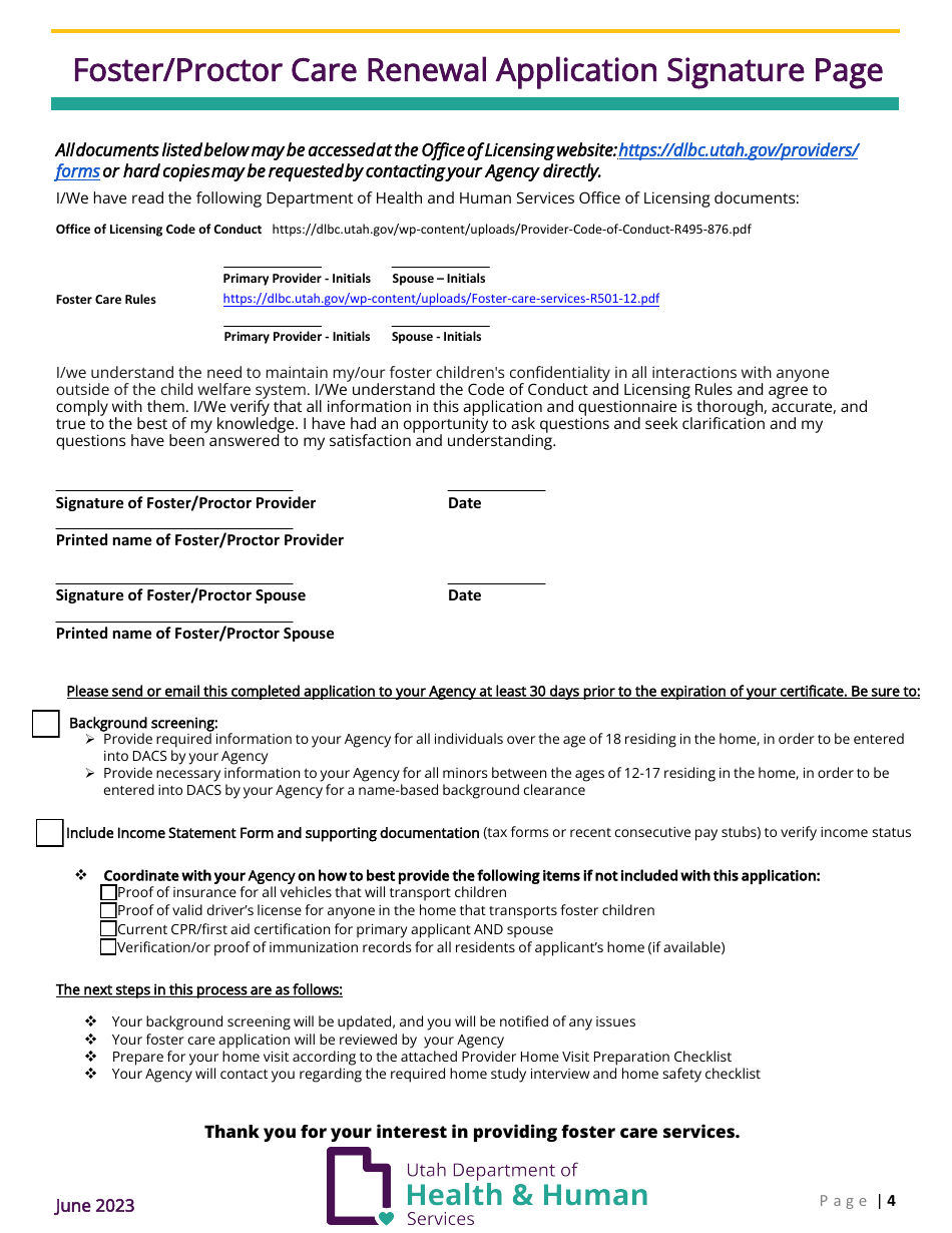 Foster / Proctor Care Renewal Application - Utah, Page 4