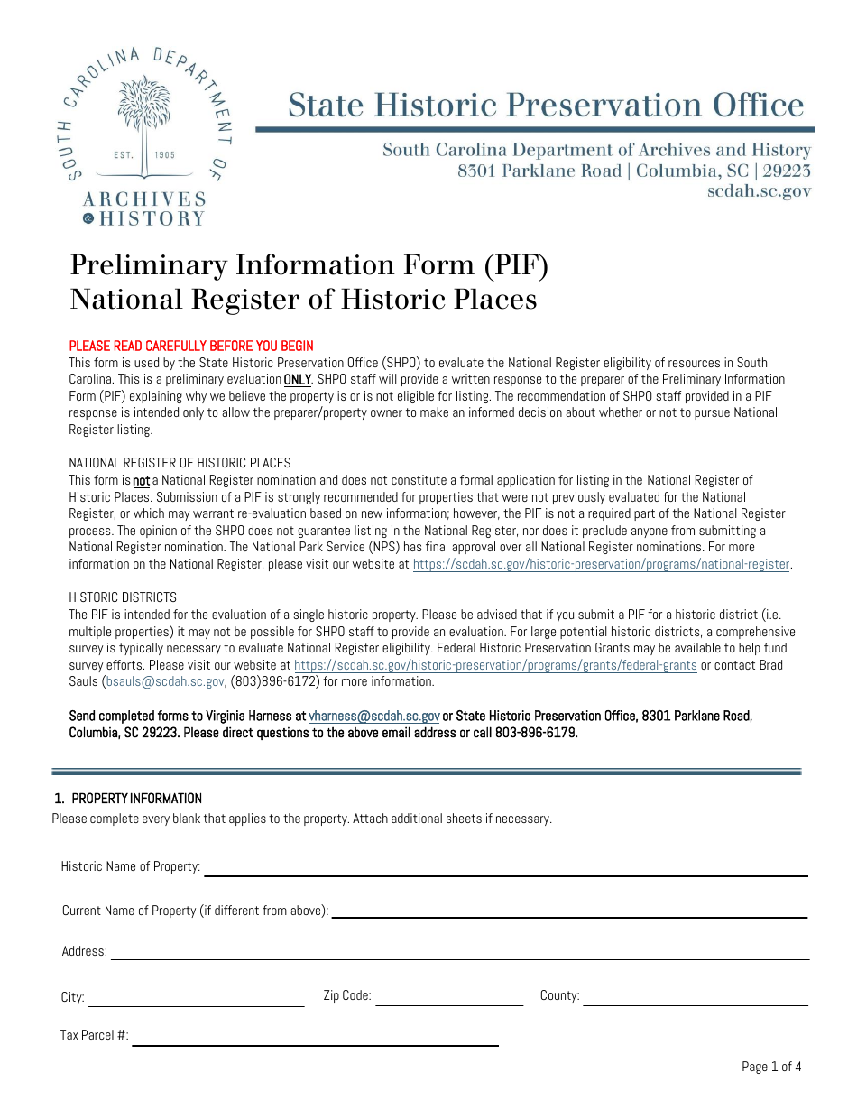Preliminary Information Form (PIF) - National Register of Historic Places - South Carolina, Page 1