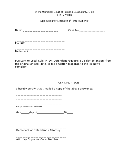 Application for Extension of Time to Answer - City of Toledo, Ohio Download Pdf