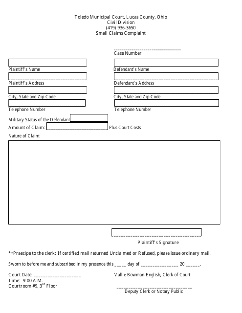 Small Claims Complaint - City of Toledo, Ohio Download Pdf