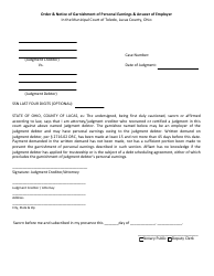 Document preview: Order & Notice of Garnishment of Personal Earnings & Answer of Employer - City of Toledo, Ohio