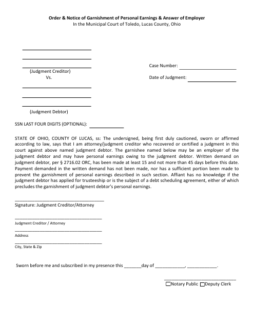 Order & Notice of Garnishment of Personal Earnings & Answer of Employer - City of Toledo, Ohio