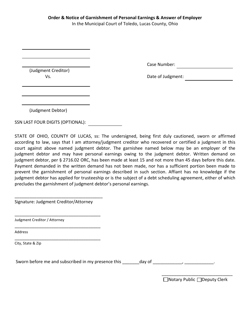 Order  Notice of Garnishment of Personal Earnings  Answer of Employer - City of Toledo, Ohio, Page 1