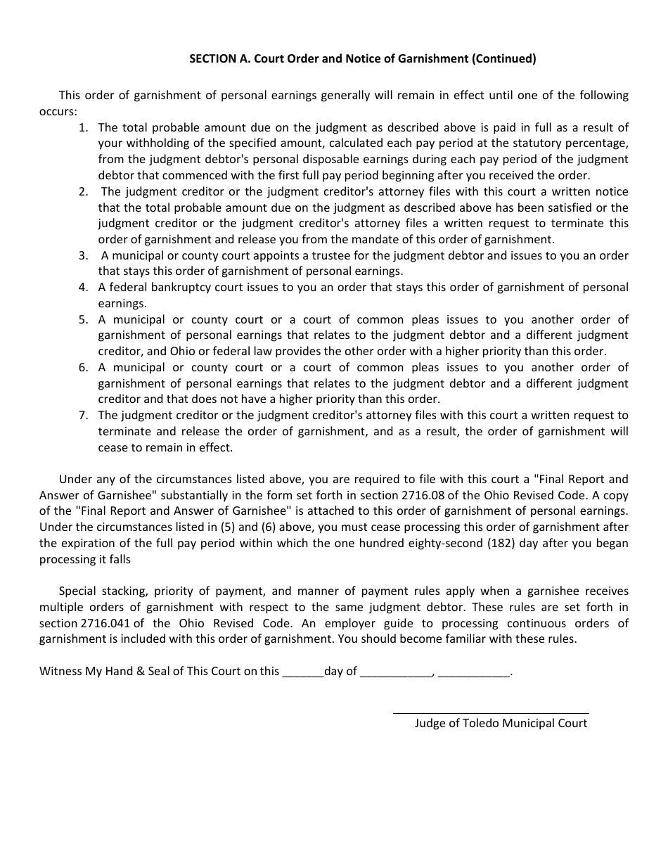 Order  Notice of Garnishment of Personal Earnings  Answer of Employer - City of Toledo, Ohio, Page 3