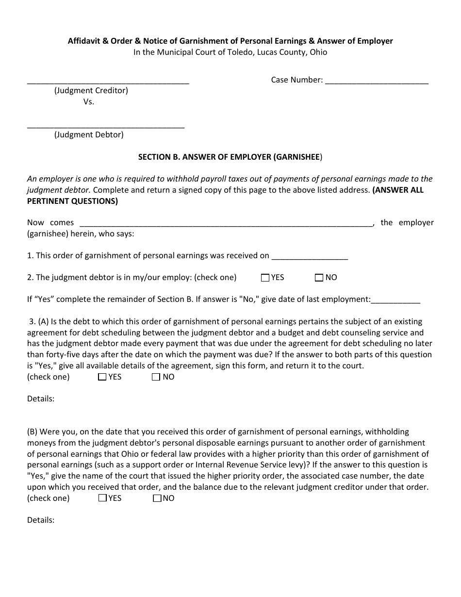 Order  Notice of Garnishment of Personal Earnings  Answer of Employer - City of Toledo, Ohio, Page 4