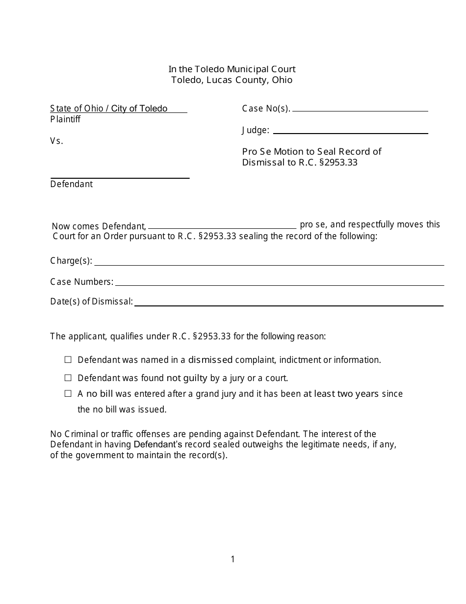 Pro Se Motion to Seal Record of Dismissal to R.c. 2953.33 - City of Toledo, Ohio, Page 1