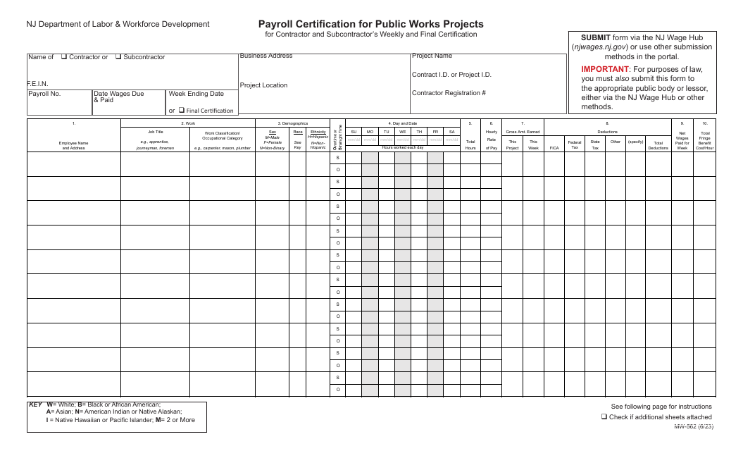 Form MW-562 Payroll Certification for Public Works Projects for Contractor and Subcontractor's Weekly and Final Certification - New Jersey
