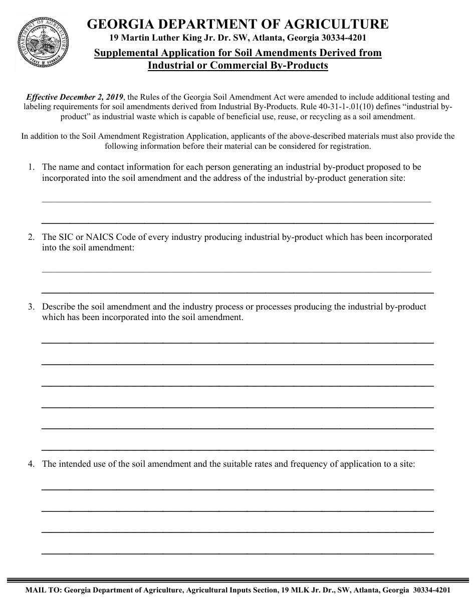 Supplement A Supplemental Application for Soil Amendments Derived From Industrial or Commercial by-Products - Georgia (United States), Page 1