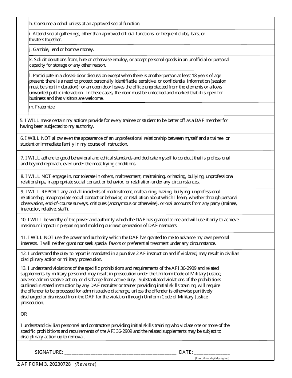 2 AF Form 3 Advanced Skills Training Instructors, Other Instructors (Non-initial Skills Training), and Staff Abuse of Power Agreement, Page 2