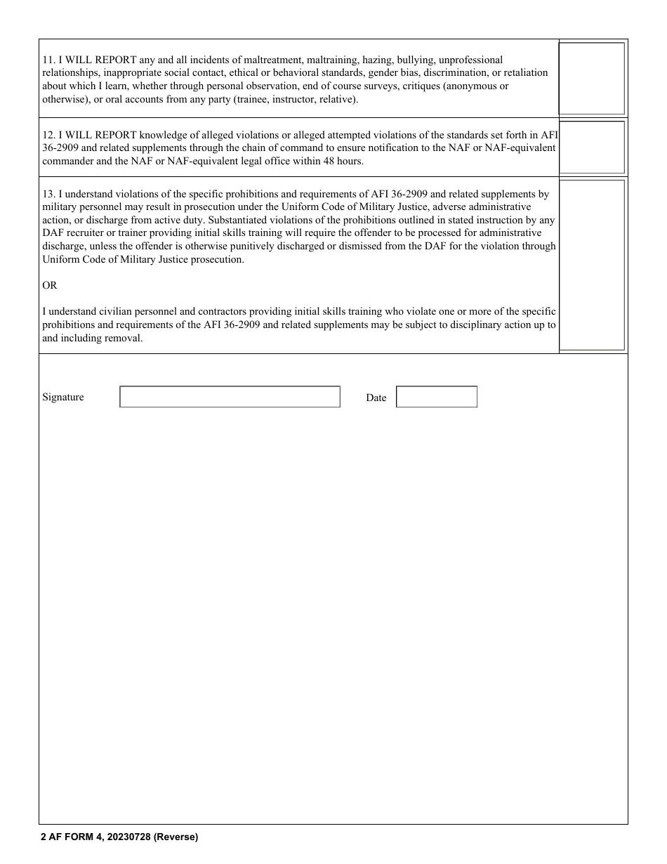 2 AF Form 4 Military Training Instructors / Leaders and Initial Skills Training Instructors Abuse of Power Agreement, Page 2
