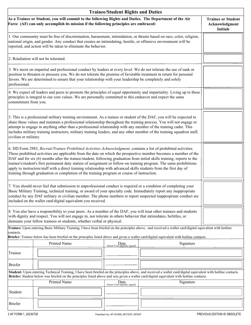 2 AF Form 1 Trainee / Student Rights and Duties, Page 1