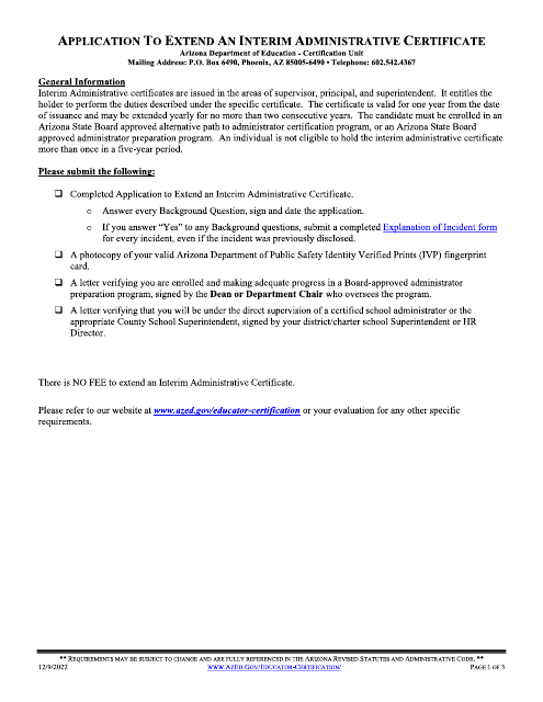 Application to Extend an Interim Administrative Certificate - Arizona Download Pdf