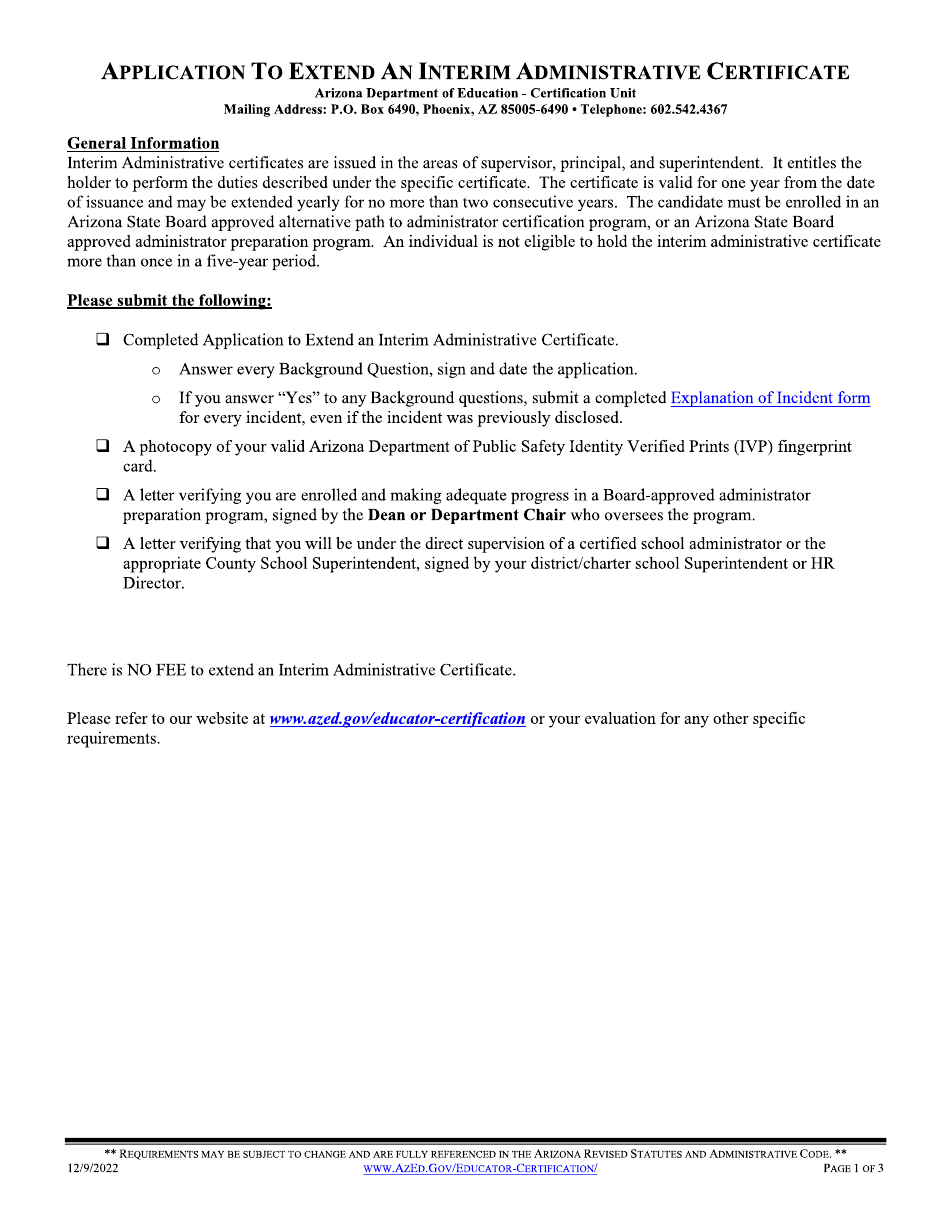 Application to Extend an Interim Administrative Certificate - Arizona, Page 1